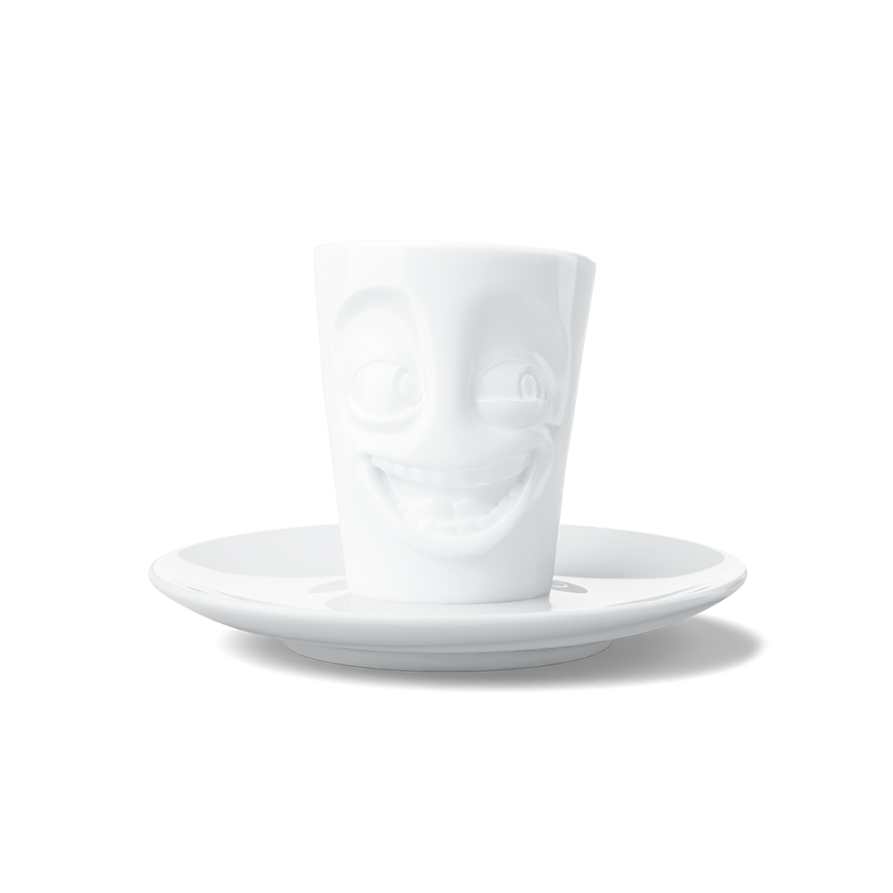 Premium porcelain espresso cup with saucer in white from the porcelain product family of fun dishware by FIFTYEIGHT Products. Offers 2.7 oz capacity and comes with a matching saucer. Dishwasher and microwave safe cup with a 'joking' facial expression. Shipped in exclusively designed gift box.