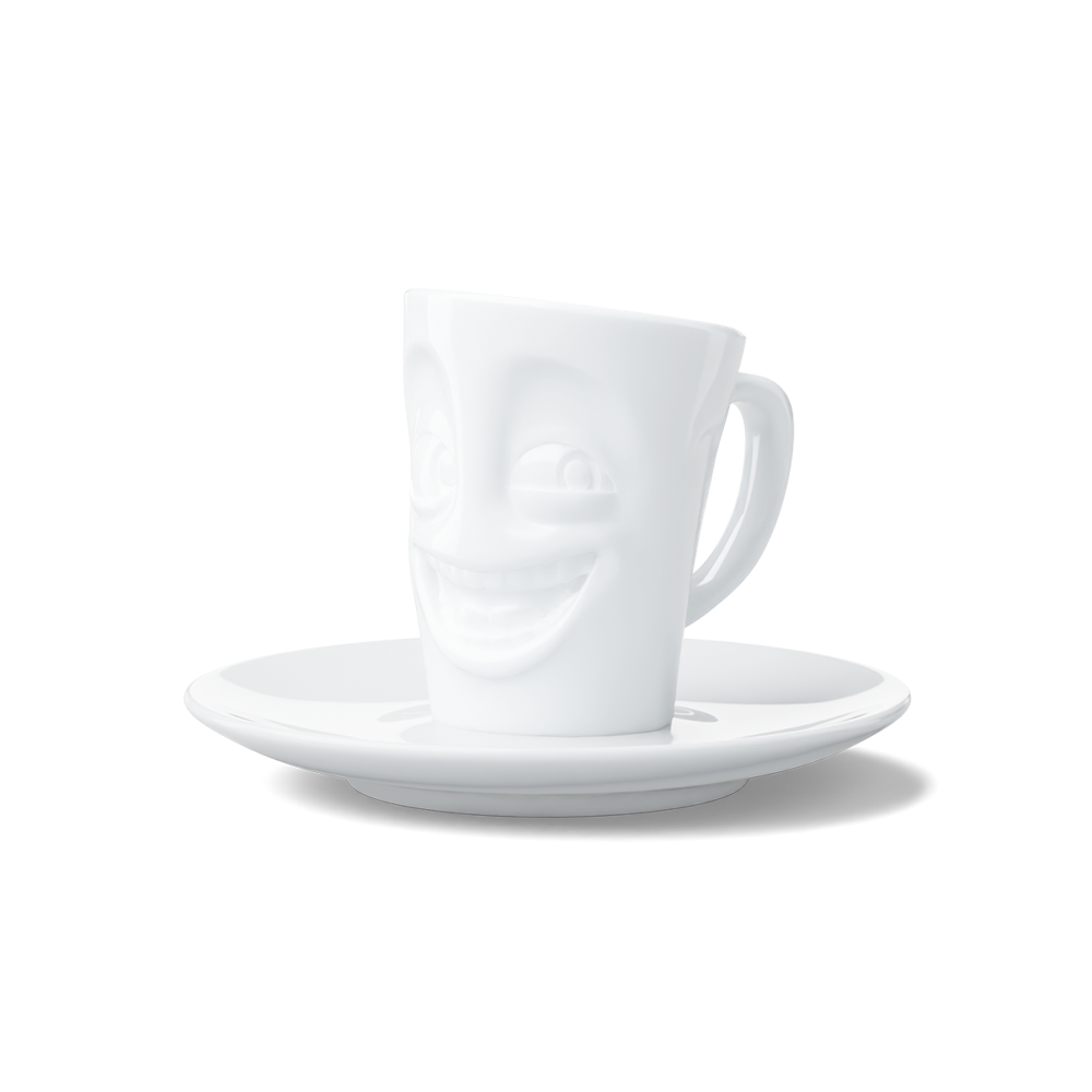 Premium porcelain espresso cup with saucer in white from the porcelain product family of fun dishware by FIFTYEIGHT Products. Offers 2.7 oz capacity and comes with a matching saucer. Dishwasher and microwave safe cup with a 'joking' facial expression. Shipped in exclusively designed gift box.