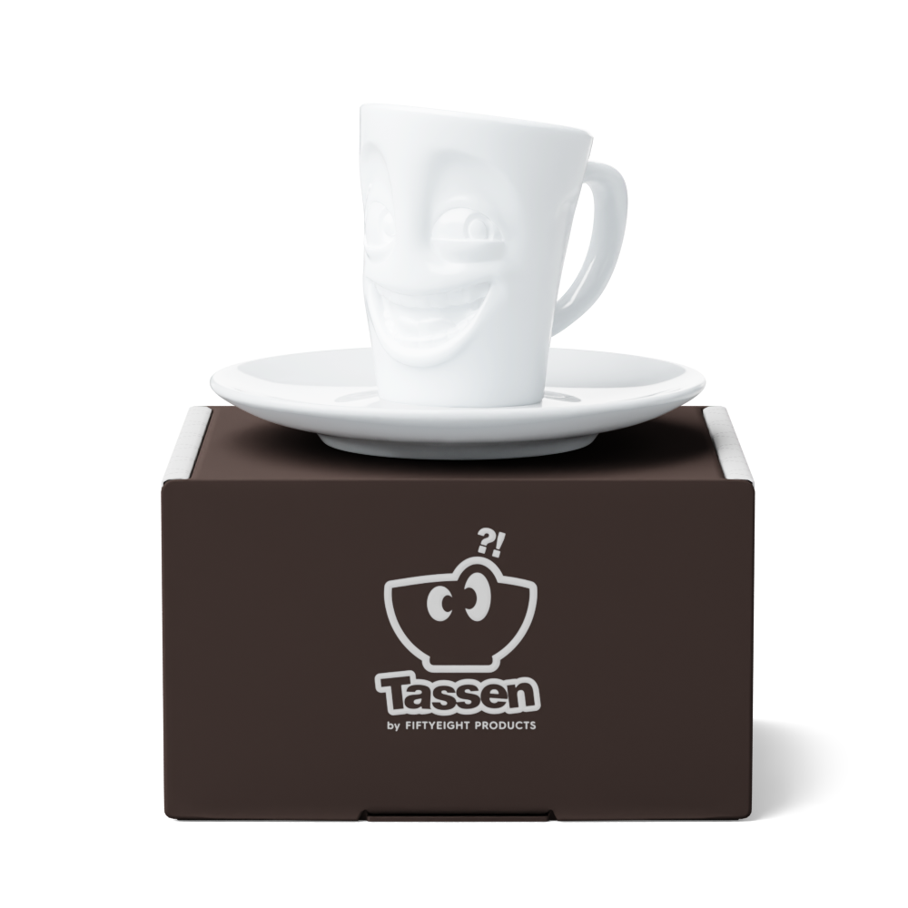 Premium porcelain espresso cup with saucer in white from the porcelain product family of fun dishware by FIFTYEIGHT Products. Offers 2.7 oz capacity and comes with a matching saucer. Dishwasher and microwave safe cup with a 'joking' facial expression. Shipped in exclusively designed gift box.