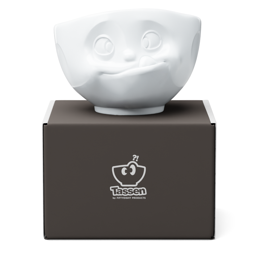 Premium extra large porcelain bowl in white from the porcelain product family of fun dishware by FIFTYEIGHT Products. Offers 33 oz capacity perfect for serving noodle soup, salads and much more. Dishwasher and microwave safe bowl featuring a sculpted ‘tasty’ facial expression. Shipped in exclusively designed gift box.