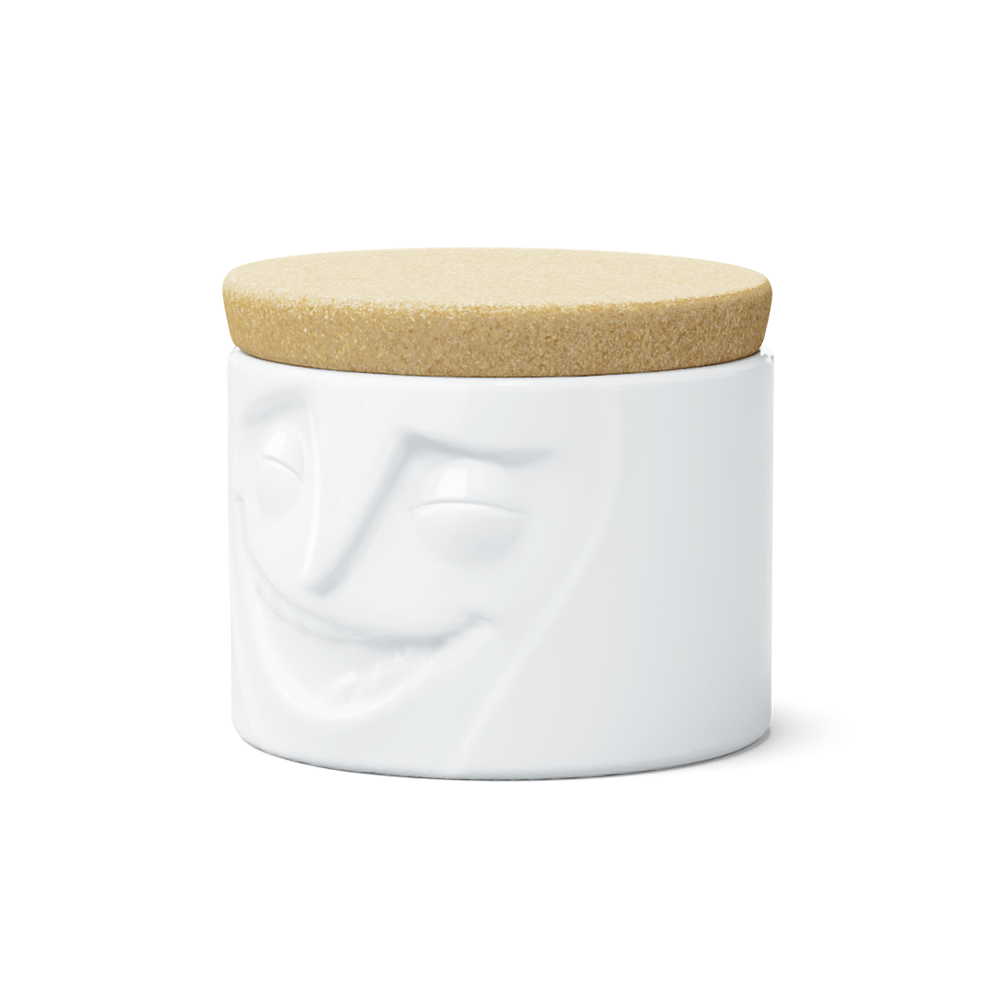 Quality porcelain storage jar with 30 oz. capacity and a 'cheerful' facial expression. Closes securely with a natural cork lid. Dishwasher and microwave-safe (except for cork lid).From the porcelain product family of fun dishware by FIFTYEIGHT Products. Made in Germany according to environmental standards.standards.