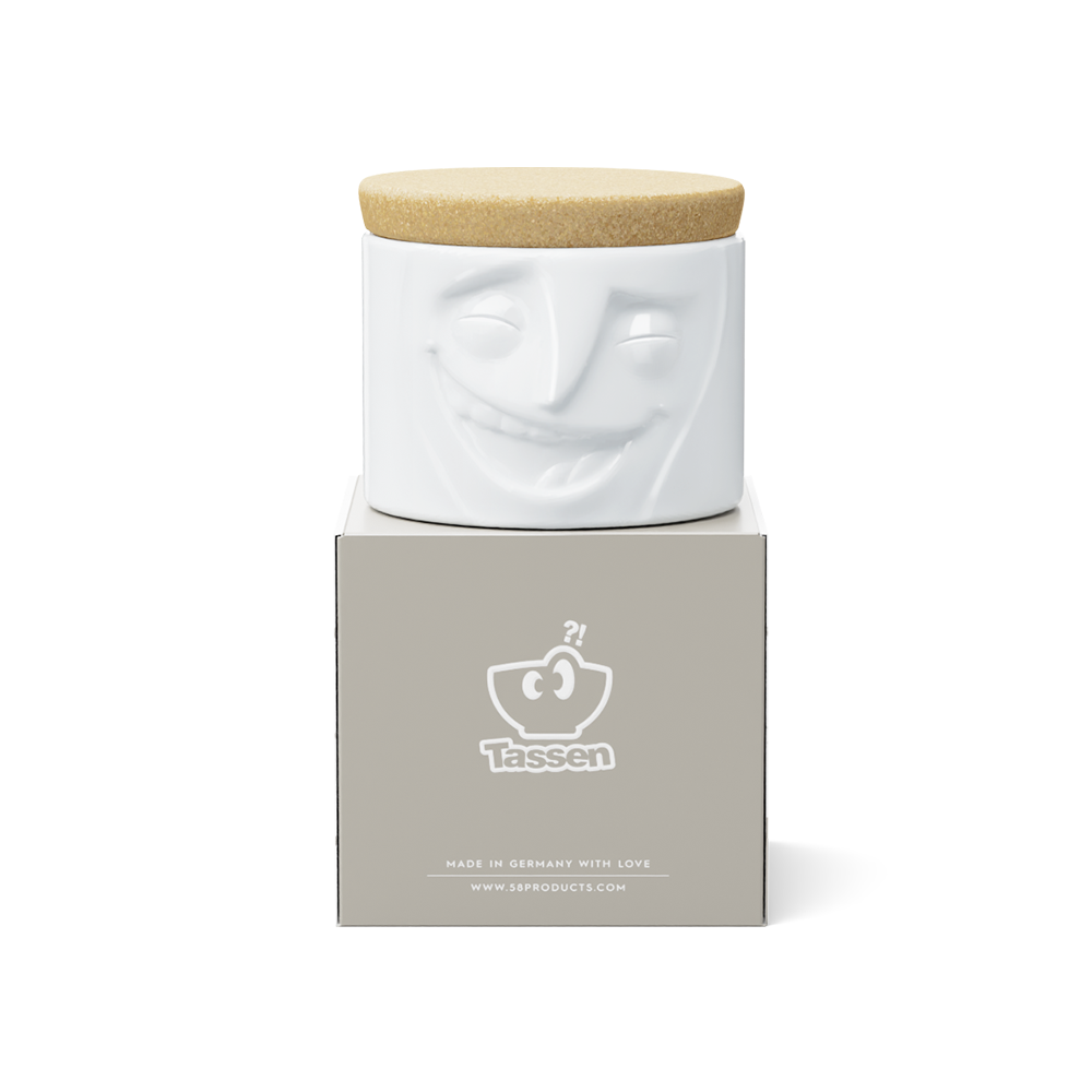 Quality porcelain storage jar with 30 oz. capacity and a 'cheerful' facial expression. Closes securely with a natural cork lid. Dishwasher and microwave-safe (except for cork lid).From the porcelain product family of fun dishware by FIFTYEIGHT Products. Made in Germany according to environmental standards.standards.