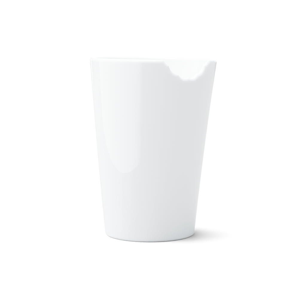 Premium porcelain coffee mug with a 'bite' mark and no handle from the porcelain product family of fun dishware by FIFTYEIGHT Products. Offers 13.5 oz capacity for serving coffee, tea, latte, matcha, soup and more. Dishwasher and microwave safe. Shipped in exclusively designed gift box.
