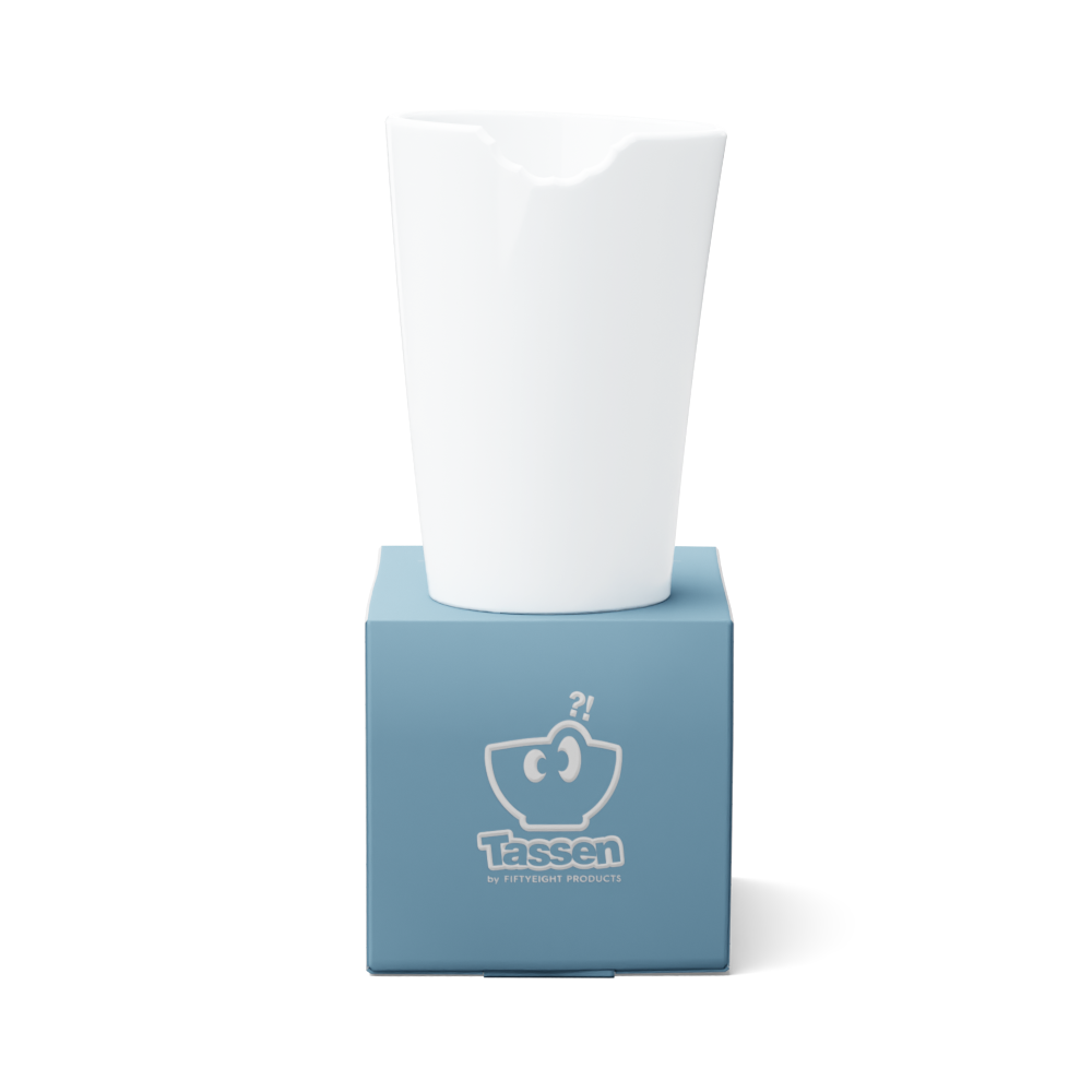 Premium porcelain coffee mug with a 'bite' mark and no handle from the porcelain product family of fun dishware by FIFTYEIGHT Products. Offers 13.5 oz capacity for serving coffee, tea, latte, matcha, soup and more. Dishwasher and microwave safe. Shipped in exclusively designed gift box.