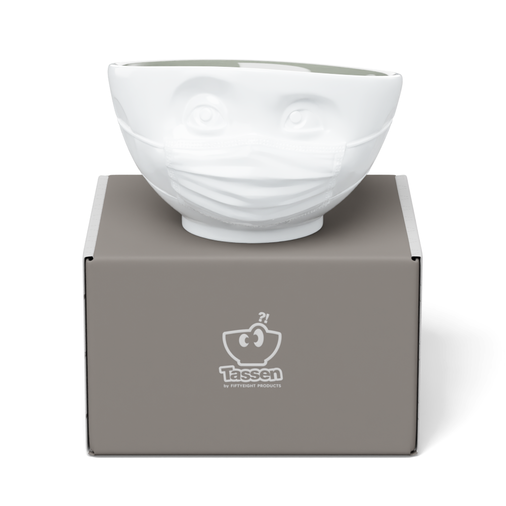 Premium porcelain bowl in white from the porcelain product family of fun dishware by FIFTYEIGHT Products. Offers 16 oz capacity perfect for serving cereal, soup, snacks and much more. Dishwasher and microwave safe bowl featuring a sculpted ‘hopeful’ facial expression and mask. Shipped in exclusively designed gift box.