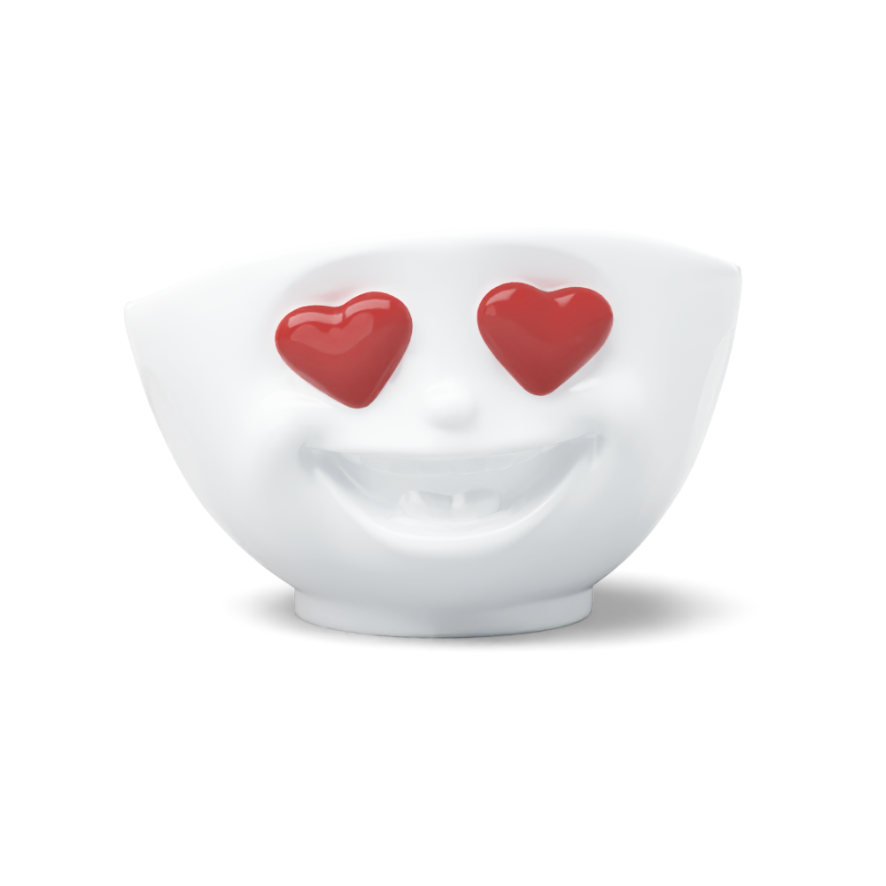 Premium porcelain bowl in white from the porcelain product family of fun dishware by FIFTYEIGHT Products. Featuring a sculpted ‘heartful’ facial expression inspired by heart eyes emoji with colorful eyes. Shipped in exclusively designed gift box.