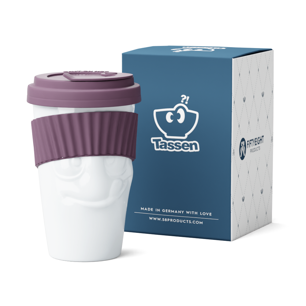 Premium porcelain coffee mug with a heat-retaining lid and protective sleeve and no handle from the porcelain product family of fun dishware by FIFTYEIGHT Products. Offers 13.5 oz capacity for enjoying coffee, tea, latte, matcha, and more on the go. Shipped in exclusively designed gift box.