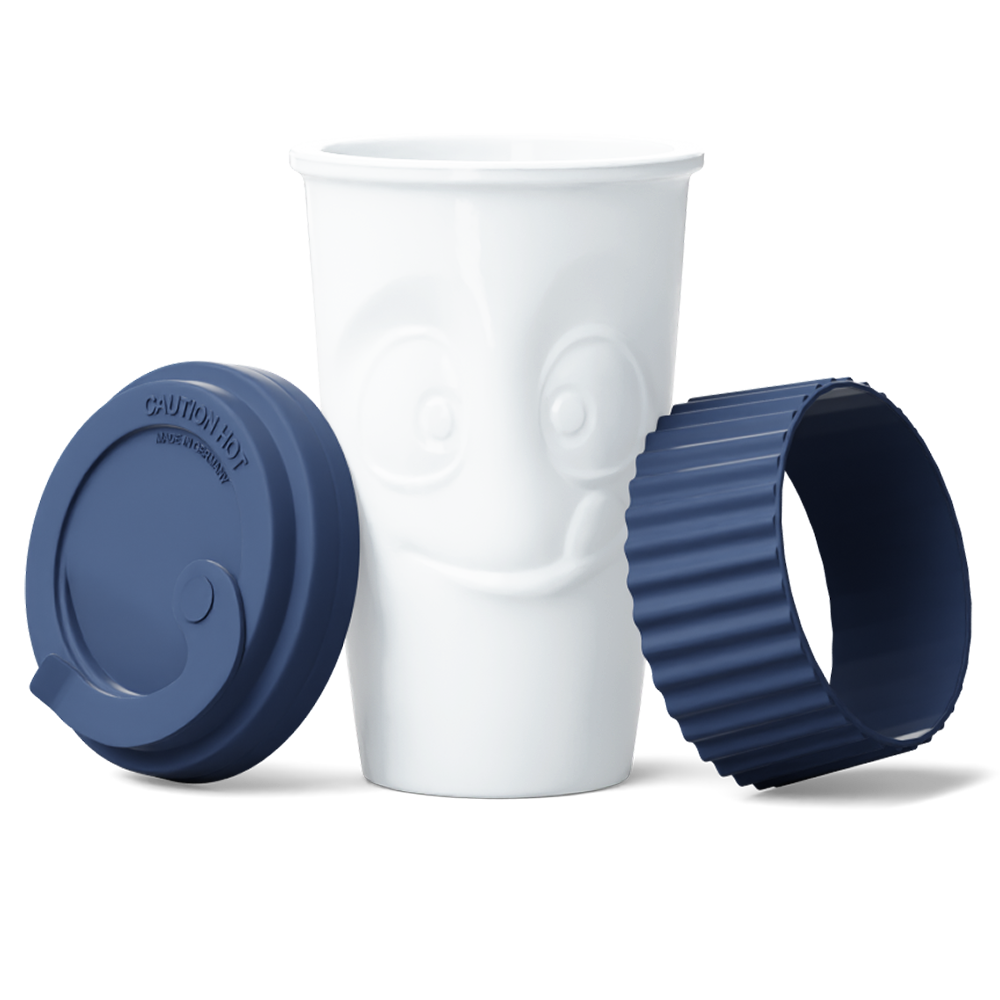 Premium porcelain coffee mug with a heat-retaining lid and protective sleeve and no handle from the porcelain product family of fun dishware by FIFTYEIGHT Products. Offers 13.5 oz capacity for enjoying coffee, tea, latte, matcha, and more on the go. Shipped in exclusively designed gift box.
