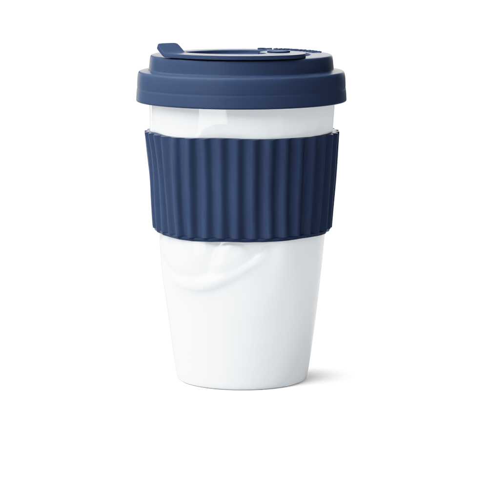 Premium porcelain coffee mug with a heat-retaining lid and protective sleeve and no handle from the porcelain product family of fun dishware by FIFTYEIGHT Products. Offers 13.5 oz capacity for enjoying coffee, tea, latte, matcha, and more on the go. Shipped in exclusively designed gift box.
