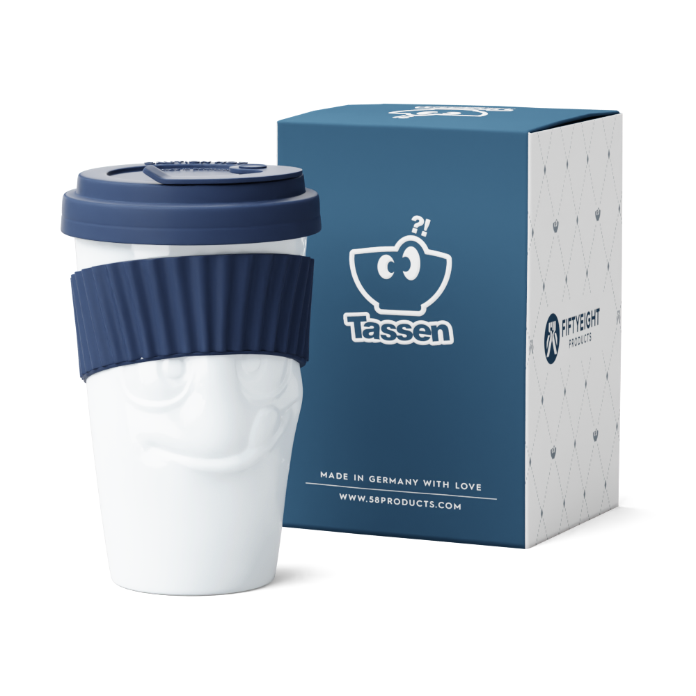 Premium porcelain coffee mug with a heat-retaining lid and protective sleeve and no handle from the porcelain product family of fun dishware by FIFTYEIGHT Products. Offers 13.5 oz capacity for enjoying coffee, tea, latte, matcha, and more on the go. Shipped in exclusively designed gift box.