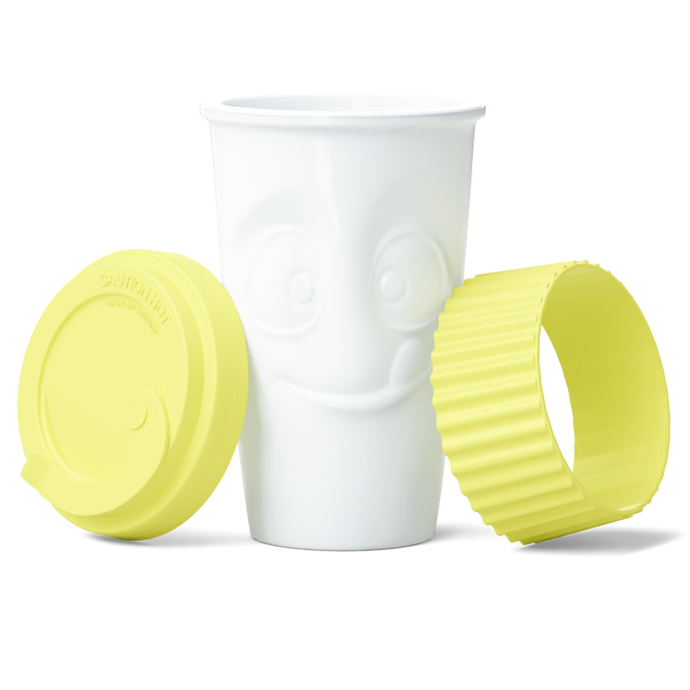Premium porcelain coffee mug with a heat-retaining lid and protective sleeve and no handle from the porcelain product family of fun dishware by FIFTYEIGHT Products. Offers 13.5 oz capacity for enjoying coffee, tea, latte, matcha, and more on the go. Shipped in exclusively designed gift box.