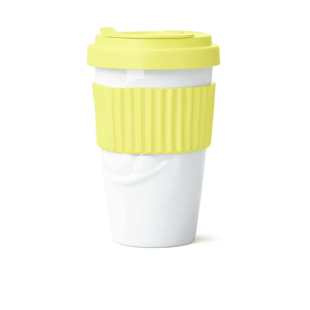 Premium porcelain coffee mug with a heat-retaining lid and protective sleeve and no handle from the porcelain product family of fun dishware by FIFTYEIGHT Products. Offers 13.5 oz capacity for enjoying coffee, tea, latte, matcha, and more on the go. Shipped in exclusively designed gift box.