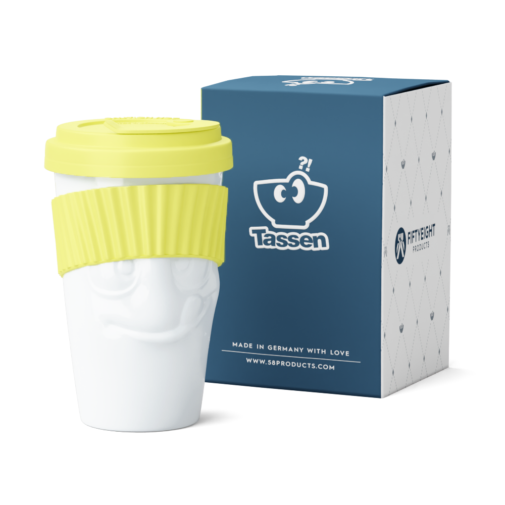 Premium porcelain coffee mug with a heat-retaining lid and protective sleeve and no handle from the porcelain product family of fun dishware by FIFTYEIGHT Products. Offers 13.5 oz capacity for enjoying coffee, tea, latte, matcha, and more on the go. Shipped in exclusively designed gift box.