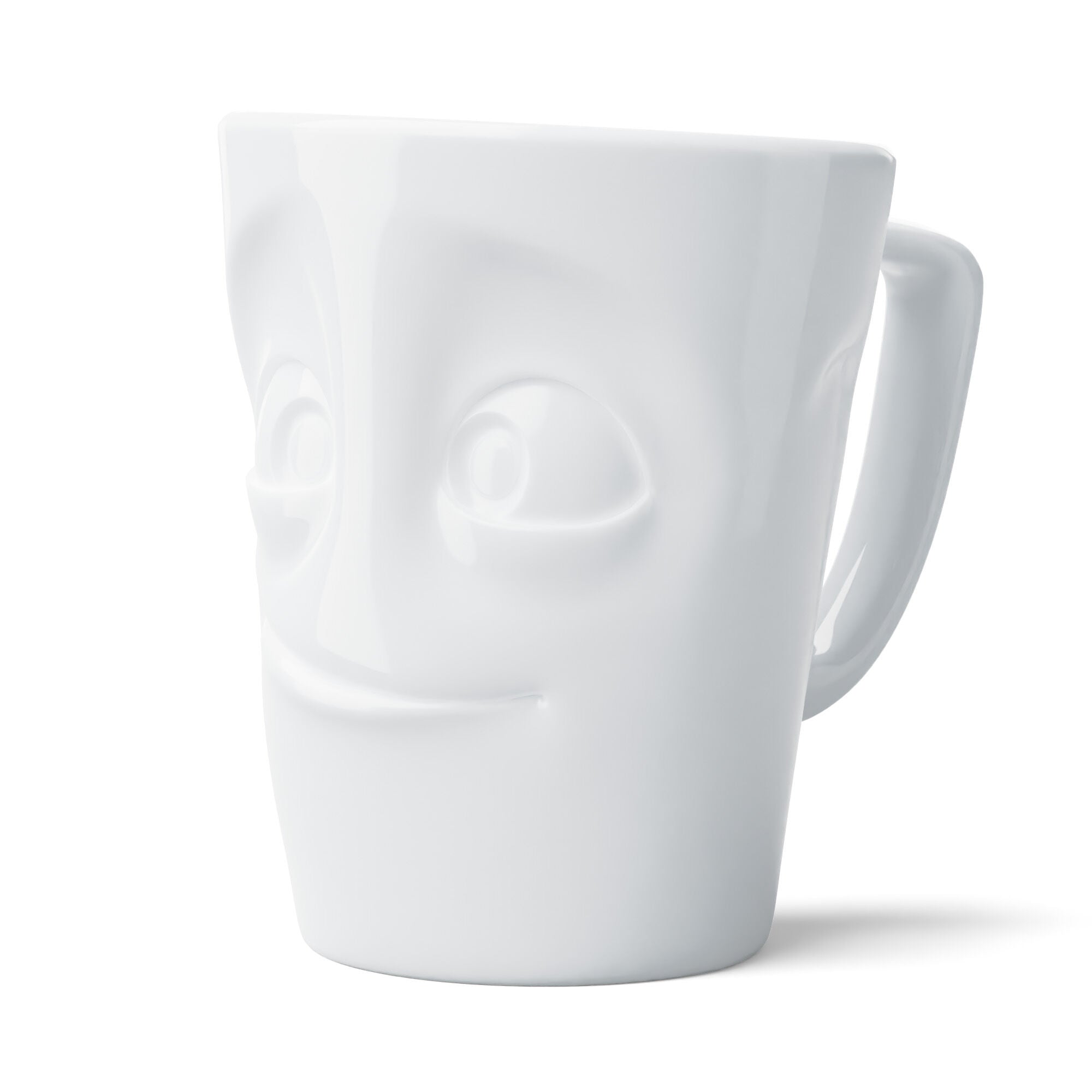 FIFTYEIGHT Products Maximug READY extra-large 16.9oz white porcelain mug with handle. Features wide-eyed eager READY face expression. Premium German porcelain, dishwasher-safe. Made in Germany, perfect for oversized coffee.