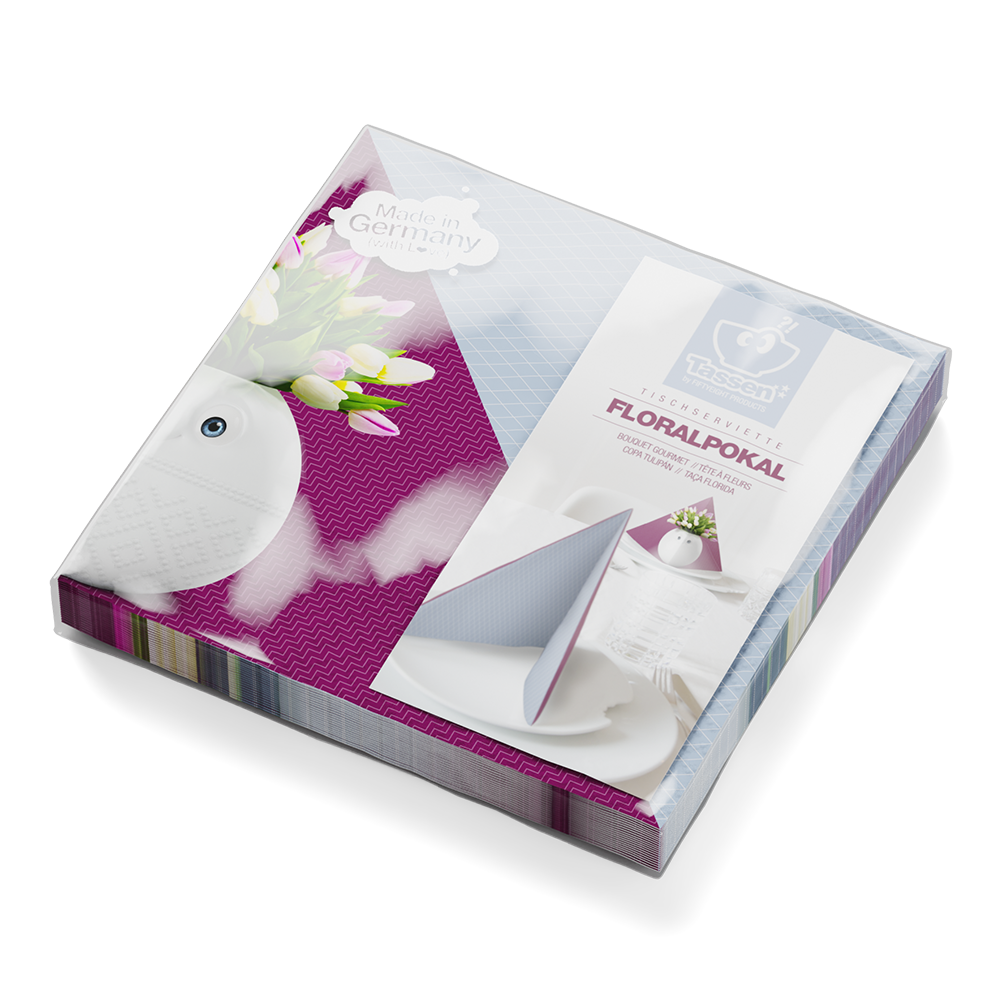 Pack of 20 disposable paper napkins in transparent packaging. Colorful paper napkins featuring zany character artwork in "Bouquet Gourmet" design. 12 by 12 inches in size and Made in Germany according to environmental standards.