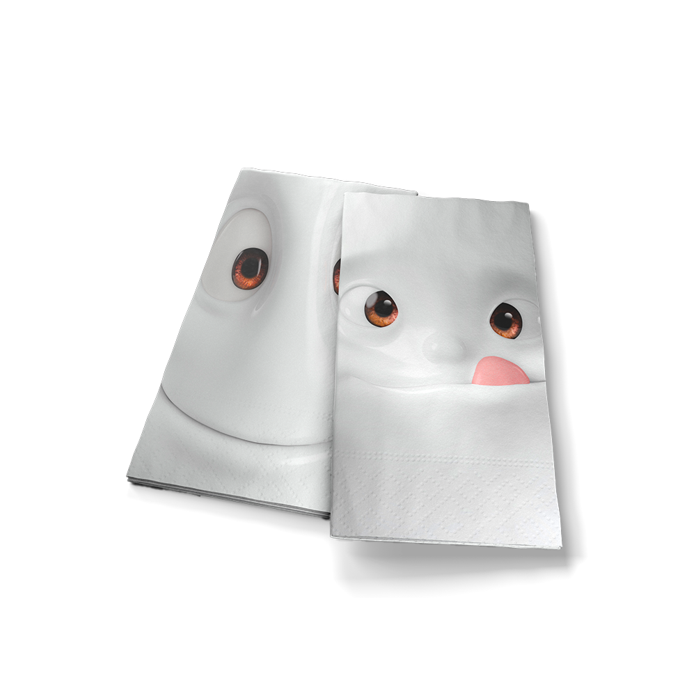 Pack of 16 disposable paper napkins in transparent packaging. Colorful paper napkins featuring zany character artwork in "Face Pastrami" design. 12 by 12 inches in size and Made in Germany according to environmental standards.