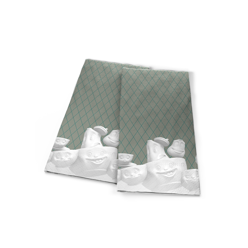 Pack of 16 disposable paper napkins in transparent packaging. Colorful paper napkins featuring zany character artwork in "Full Bloom Festoon" design. 12 by 12 inches in size and Made in Germany according to environmental standards.