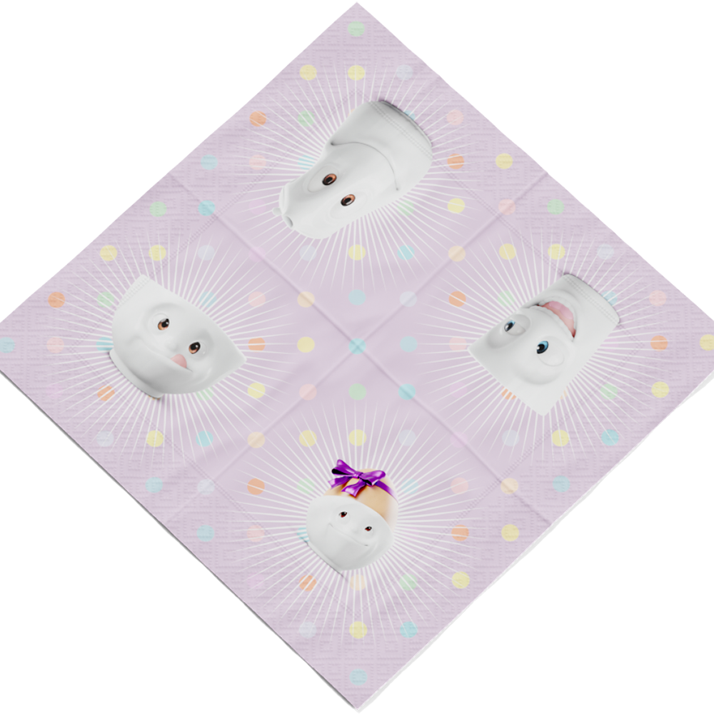 Pack of 20 disposable paper napkins in transparent packaging. Colorful paper napkins featuring zany character artwork in "Kid’s B-Day Party" design in lilac. 9.6 by 9.6 inches in size and Made in Germany according to environmental standards.