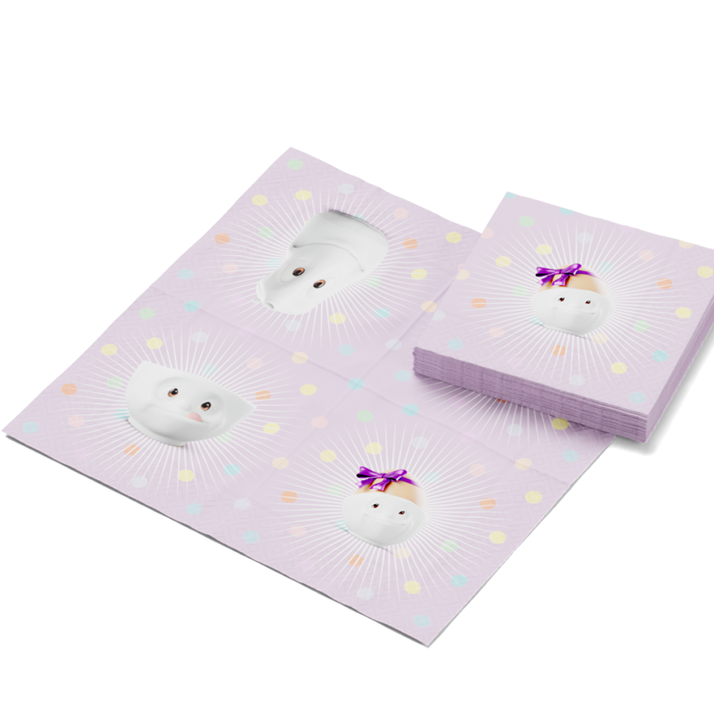 Pack of 20 disposable paper napkins in transparent packaging. Colorful paper napkins featuring zany character artwork in "Kid’s B-Day Party" design in lilac. 9.6 by 9.6 inches in size and Made in Germany according to environmental standards.