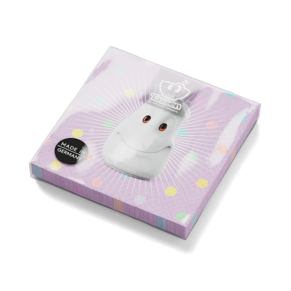 Pack of 20 disposable paper napkins in transparent packaging. Colorful paper napkins featuring zany character artwork in "Kid’s B-Day Party" design in lilac. 9.6 by 9.6 inches in size and Made in Germany according to environmental standards.