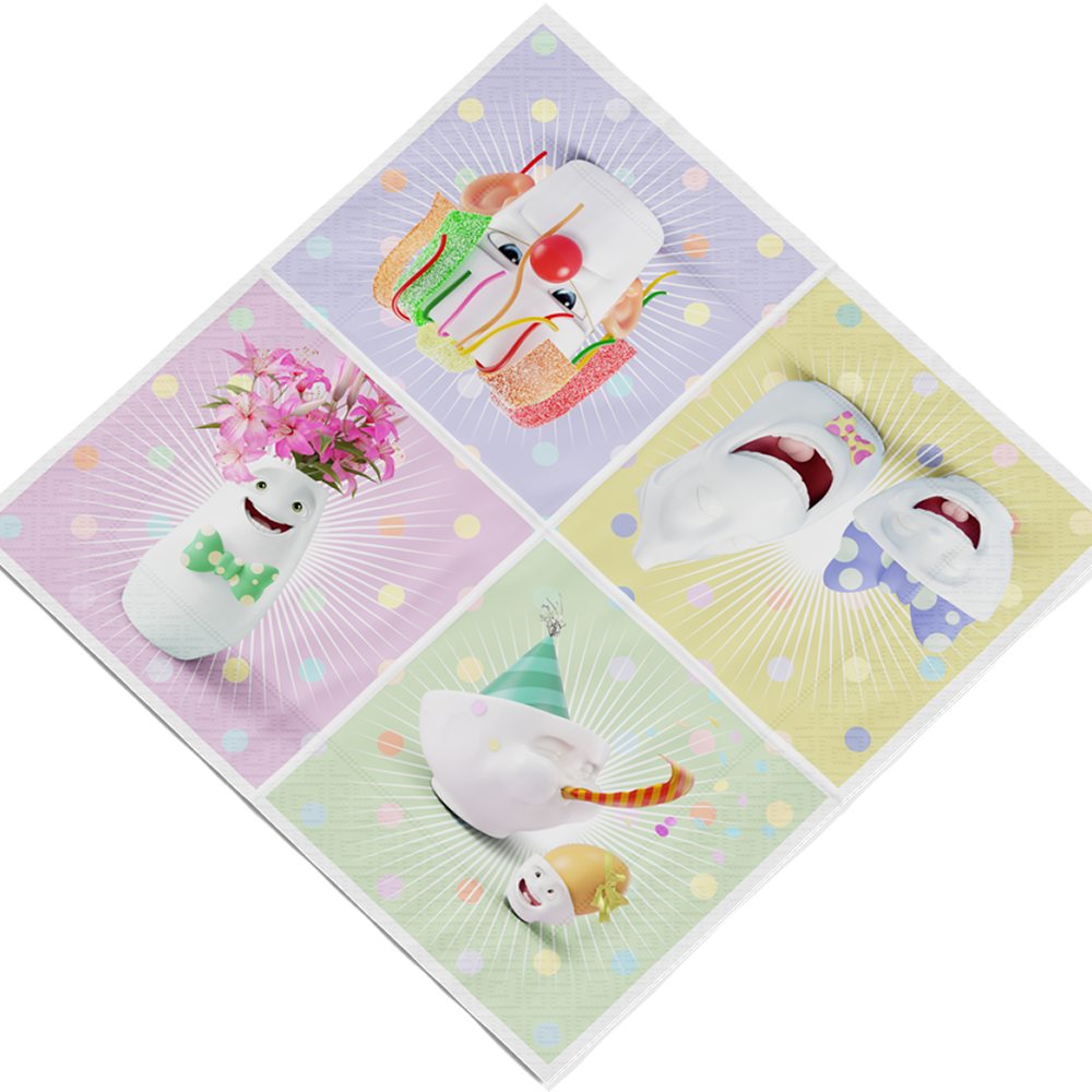 Pack of 20 disposable paper napkins in transparent packaging. Colorful paper napkins featuring zany character artwork in "Happy Happy" design. 9.6 by 9.6 inches in size and Made in Germany according to environmental standards.