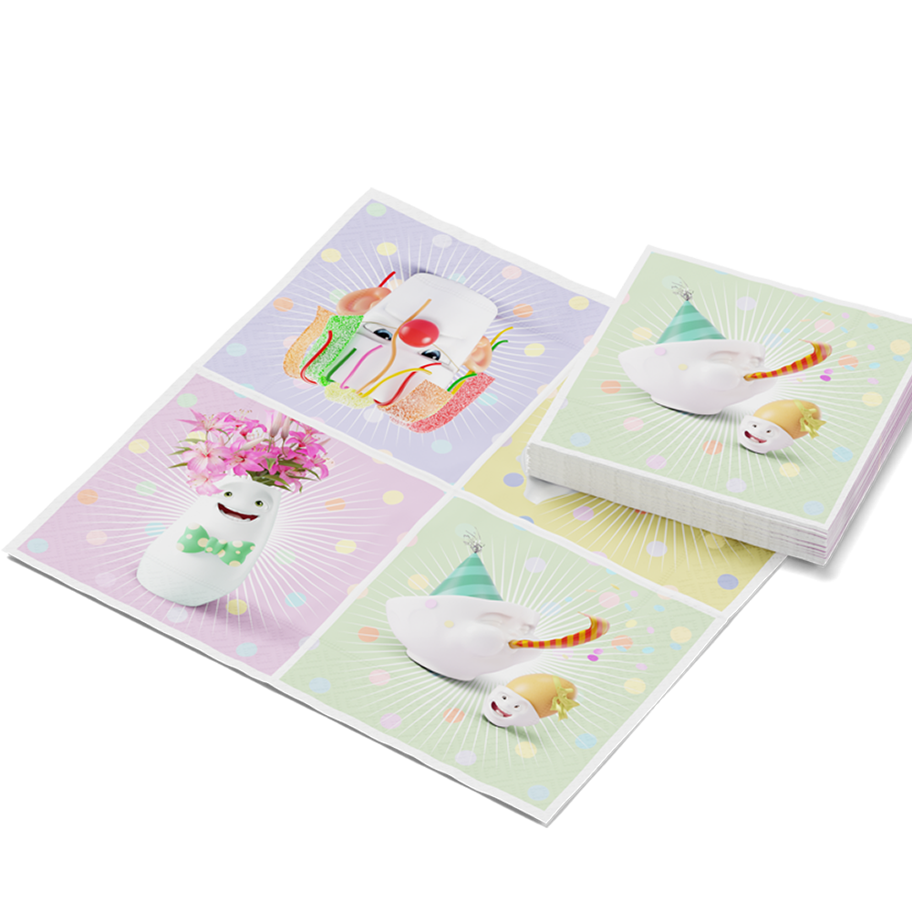 Pack of 20 disposable paper napkins in transparent packaging. Colorful paper napkins featuring zany character artwork in "Happy Happy" design. 9.6 by 9.6 inches in size and Made in Germany according to environmental standards.