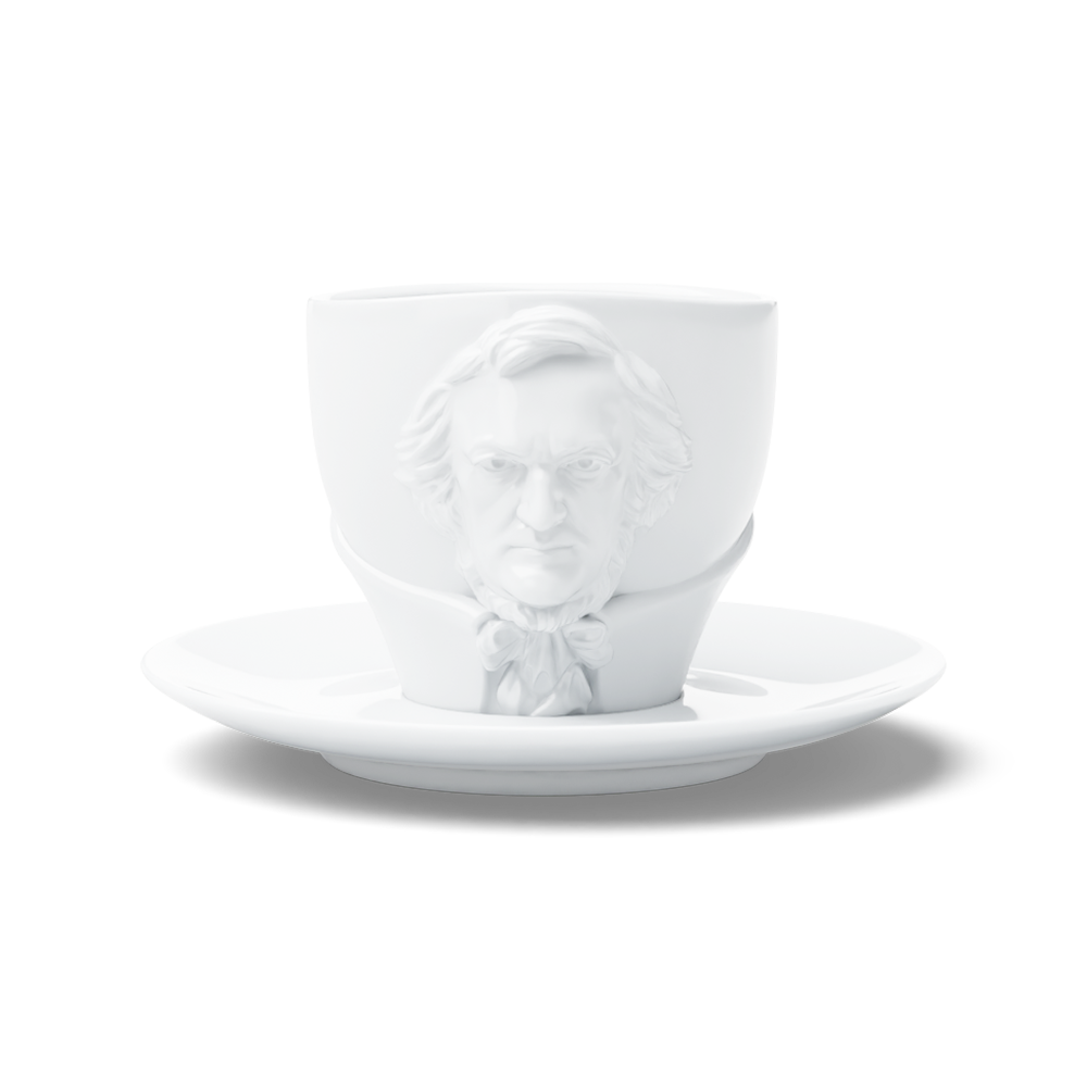 Premium porcelain coffee cup with saucer in white with sculpted Richard Wagner face. Dishwasher and microwave safe cup at 8.7 oz capacity. From the TALENT product family of cups dedicated to creative geniuses by FIFTYEIGHT Products. Made in Germany according to environmental standards.