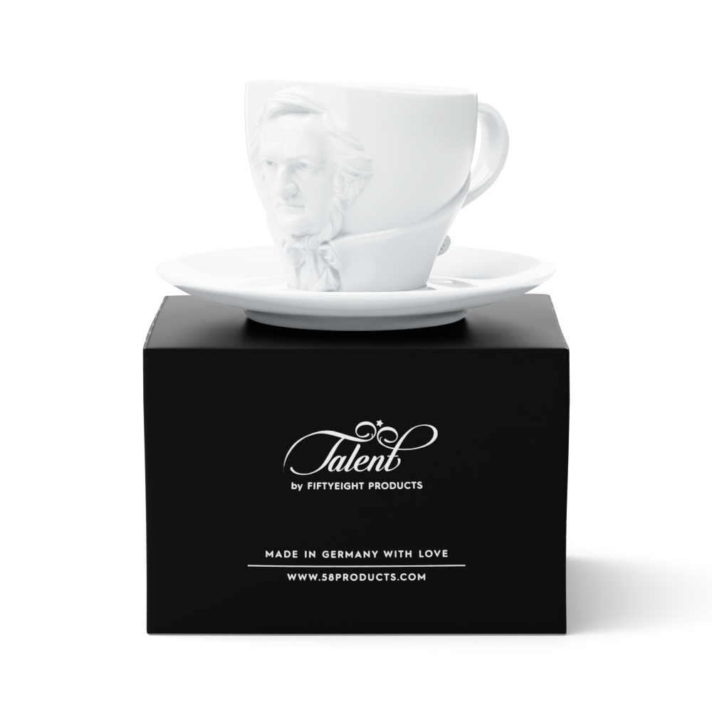 Premium porcelain coffee cup with saucer in white with sculpted Richard Wagner face. Dishwasher and microwave safe cup at 8.7 oz capacity. From the TALENT product family of cups dedicated to creative geniuses by FIFTYEIGHT Products. Made in Germany according to environmental standards.
