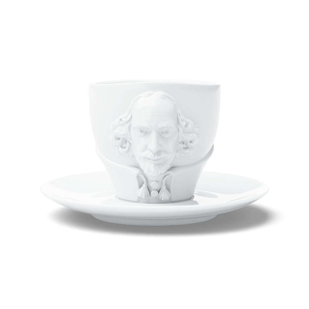 Premium porcelain coffee cup with saucer in white with sculpted William Shakespeare face. Dishwasher and microwave safe cup at 8.7 oz capacity. From the TALENT product family of cups dedicated to creative geniuses by FIFTYEIGHT Products. Made in Germany according to environmental standards.