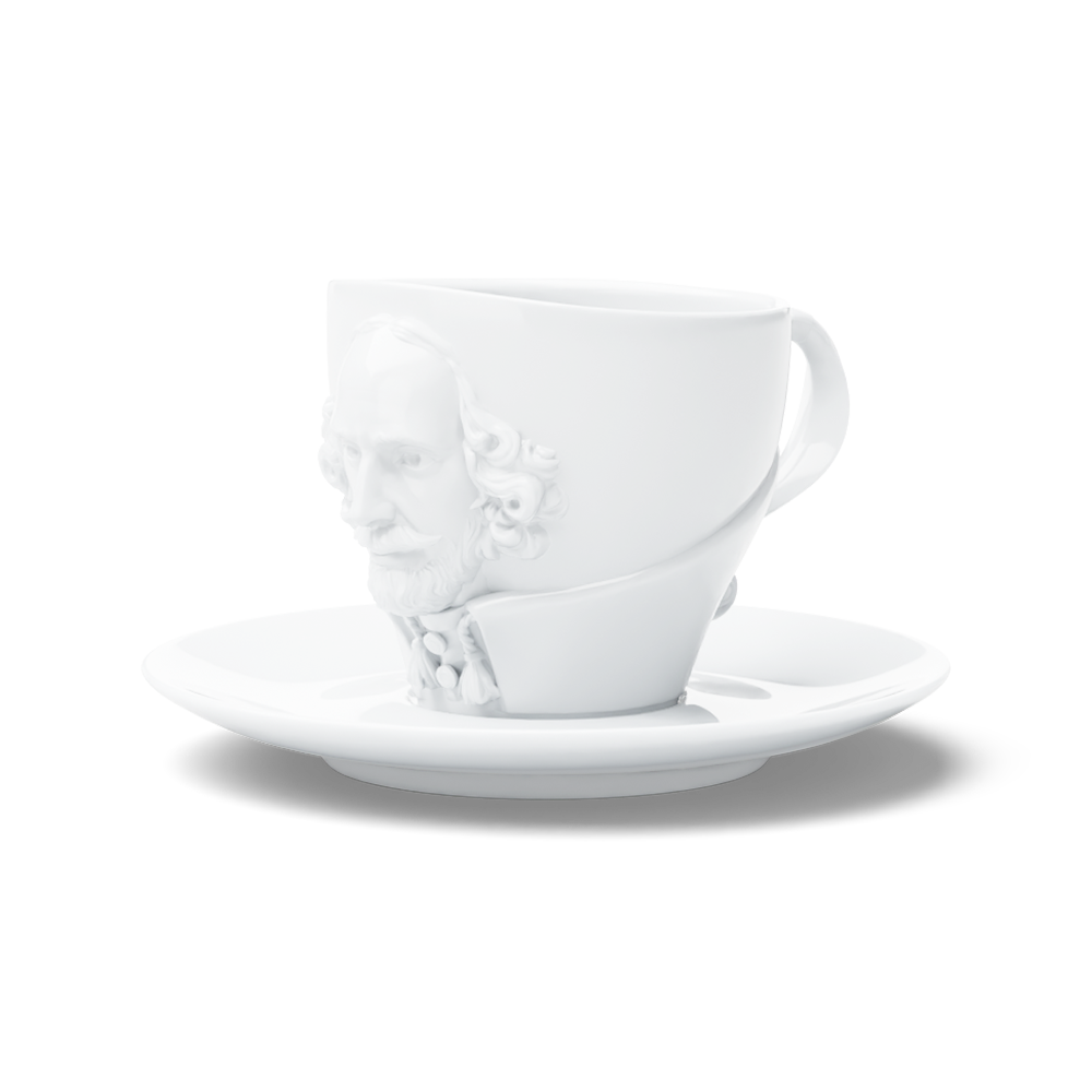 Premium porcelain coffee cup with saucer in white with sculpted William Shakespeare face. Dishwasher and microwave safe cup at 8.7 oz capacity. From the TALENT product family of cups dedicated to creative geniuses by FIFTYEIGHT Products. Made in Germany according to environmental standards.