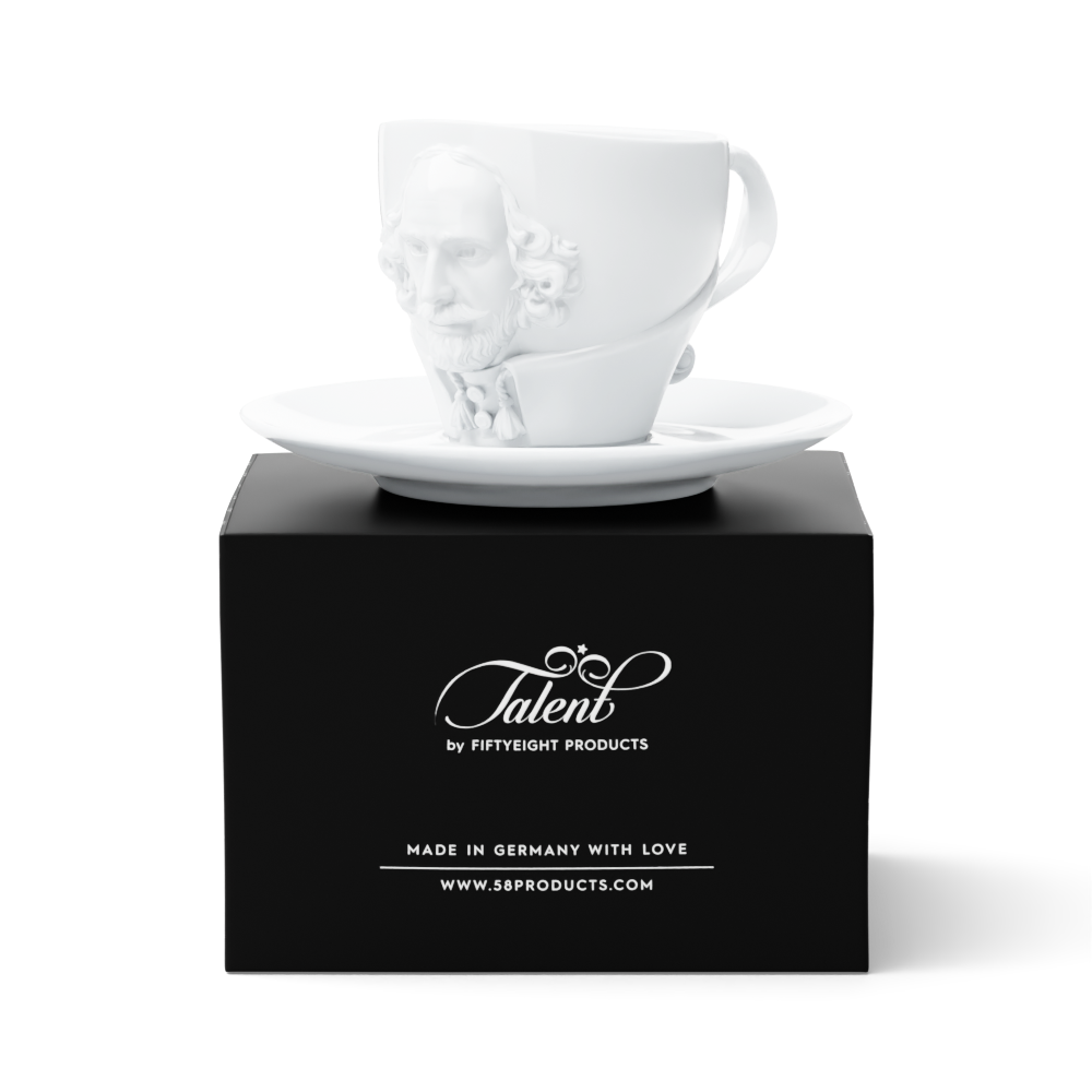 Premium porcelain coffee cup with saucer in white with sculpted William Shakespeare face. Dishwasher and microwave safe cup at 8.7 oz capacity. From the TALENT product family of cups dedicated to creative geniuses by FIFTYEIGHT Products. Made in Germany according to environmental standards.