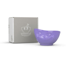 Load image into Gallery viewer, 16 ounce capacity porcelain bowl in purple color featuring a sculpted ‘grinning’ facial expression. From the TASSEN product family of fun dishware by FIFTYEIGHT Products. Quality bowl perfect for serving cereal, soup, snacks and much more.
