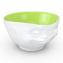 Load image into Gallery viewer, 16 ounce capacity porcelain bowl in white with pistachio color inside featuring a sculpted ‘grinning’ facial expression. From the TASSEN product family of fun dishware by FIFTYEIGHT Products. Quality bowl perfect for serving cereal, soup, snacks and much more.
