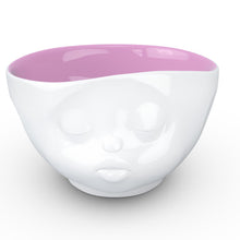 Load image into Gallery viewer, 16 ounce capacity porcelain bowl in white with berry color inside featuring a sculpted ‘kissing’ facial expression. From the TASSEN product family of fun dishware by FIFTYEIGHT Products. Quality bowl perfect for serving cereal, soup, snacks and much more.
