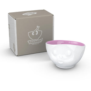 16 ounce capacity porcelain bowl in white with berry color inside featuring a sculpted ‘kissing’ facial expression. From the TASSEN product family of fun dishware by FIFTYEIGHT Products. Quality bowl perfect for serving cereal, soup, snacks and much more.
