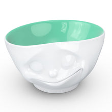 Load image into Gallery viewer, 16 ounce capacity porcelain bowl in white with jade color on the inside featuring a sculpted ‘happy’ facial expression. From the TASSEN product family of fun dishware by FIFTYEIGHT Products. Quality bowl perfect for serving cereal, soup, snacks and much more.
