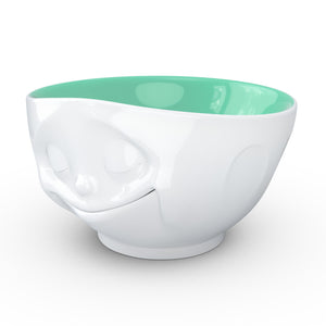 16 ounce capacity porcelain bowl in white with jade color on the inside featuring a sculpted ‘happy’ facial expression. From the TASSEN product family of fun dishware by FIFTYEIGHT Products. Quality bowl perfect for serving cereal, soup, snacks and much more.