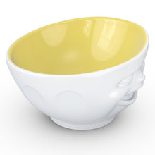Load image into Gallery viewer, Premium porcelain bowl in white with Saffron Color Inside from the TASSEN product family of fun dishware by FIFTYEIGHT Products. Offers 16 oz capacity perfect for serving cereal, soup, snacks and much more. Dishwasher and microwave safe bowl featuring a sculpted ‘winking’ facial expression. Shipped in exclusively designed gift box.
