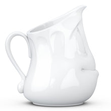 Load image into Gallery viewer, Premium porcelain creamer jug in white features a &#39;jolly&#39; facial expression at 11 oz capacity. Serves milk, creamer, dressing, salsa, gazpacho, gravy, sauces and more. Detailed facial expression jug from the TASSEN product family of fun dishware by FIFTYEIGHT Products. Shipped in exclusively designed gift box.
