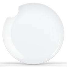 Load image into Gallery viewer, Set of two premium porcelain dessert plates in white with a &#39;bite mark&#39; cutout at the edge. Dishwasher and microwave safe plate with a 7.8 inch diameter. From the TASSEN product family of fun dishware by FIFTYEIGHT Products. Made in Germany according to environmental standards.
