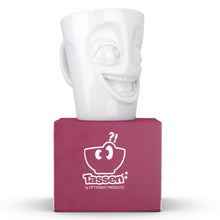 Load image into Gallery viewer, Coffee mug with &#39;joking&#39; facial expression and 11 oz capacity. From the TASSEN product family of fun dishware by FIFTYEIGHT Products. Tall coffee cup with handle in white, crafted from quality porcelain.
