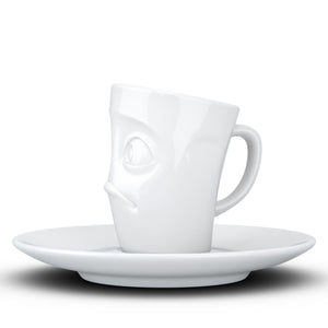Espresso cup with 'baffled' facial expression and 2.7 oz capacity. From the TASSEN product family of fun dishware by FIFTYEIGHT Products. Espresso mug with matching saucer crafted from quality porcelain.