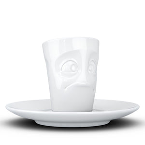 Espresso cup with 'baffled' facial expression and 2.7 oz capacity. From the TASSEN product family of fun dishware by FIFTYEIGHT Products. Espresso mug with matching saucer crafted from quality porcelain.