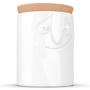 Quality porcelain storage jar with 57 oz. capacity and a 'charming' facial expression. Closes securely with a natural cork lid. Dishwasher and microwave-safe (except for cork lid).From the TASSEN product family of fun dishware by FIFTYEIGHT Products. Made in Germany according to environmental standards.standards.