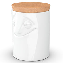Load image into Gallery viewer, Quality porcelain storage jar with 57 oz. capacity and a &#39;charming&#39; facial expression. Closes securely with a natural cork lid. Dishwasher and microwave-safe (except for cork lid).From the TASSEN product family of fun dishware by FIFTYEIGHT Products. Made in Germany according to environmental standards.standards.
