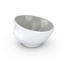 Load image into Gallery viewer, 16 ounce capacity porcelain bowl in white with Stone Color Inside featuring a sculpted ‘hopeful’ facial expression. From the TASSEN product family of fun dishware by FIFTYEIGHT Products. Quality bowl perfect for serving cereal, soup, snacks and much more.
