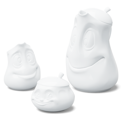 This exclusive set brings together three essential pieces: the Tea Pot (Good Mood) with lid, the Small Jug (Jolly), and the Sugar Bowl (Sweet) with lid. 