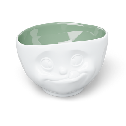Premium porcelain bowl in white with pine color inside from the porcelain product family by FIFTYEIGHT Products. Offers 16 oz capacity perfect for serving cereal, soup, snacks and much more. Dishwasher and microwave safe bowl featuring a sculpted ‘tasty’ facial expression. Shipped in exclusively designed gift box.