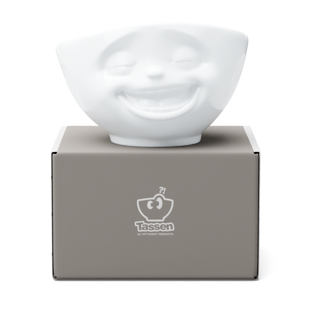 Premium porcelain bowl in white from the porcelain product family of fun dishware by FIFTYEIGHT Products. Offers 16 oz capacity perfect for serving cereal, soup, snacks and much more. Dishwasher and microwave safe bowl featuring a sculpted ‘laughing’ facial expression. Shipped in exclusively designed gift box.