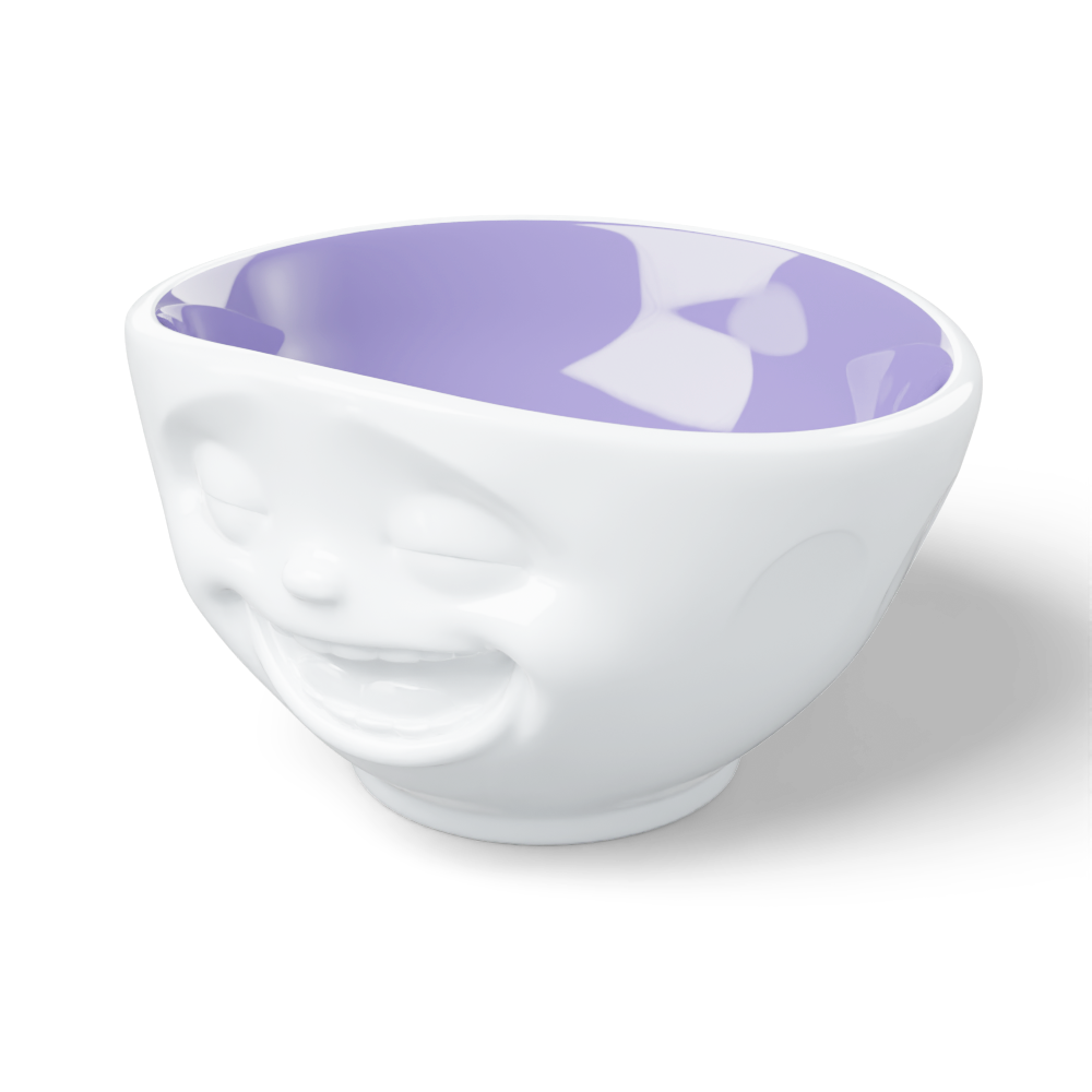 Premium porcelain bowl in white with lavender color inside from the porcelain product family by FIFTYEIGHT Products. Offers 16 oz capacity perfect for serving cereal, soup, snacks and much more. Dishwasher and microwave safe bowl featuring a sculpted ‘laughing’ facial expression. Shipped in exclusively designed gift box.